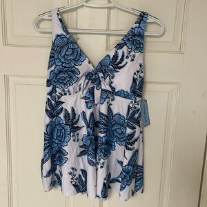 NWT Yonique swim top. Blue and white floral. Flared skirt. Size 12